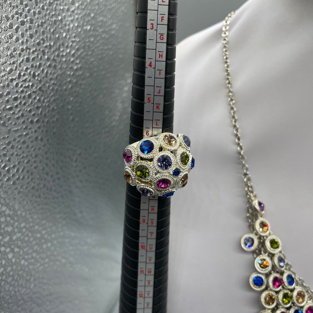Multi Color Rhinestone Silver Tone Statement Jewelry Set Necklace Bracelet Ring - Picture 3 of 14